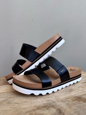 REEF Cushion Vista Hi Platform Sandals Women's Size 10 Black Vegan Leather Slide